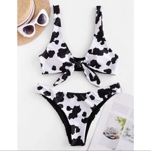 ZAFUL Cow Print Tied Plunging Bikini Swimsuit